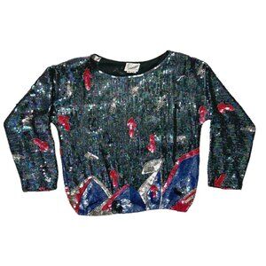 80s vintage sequins silk shirt arrows lightning bolts patterns Rina Z sparkle.